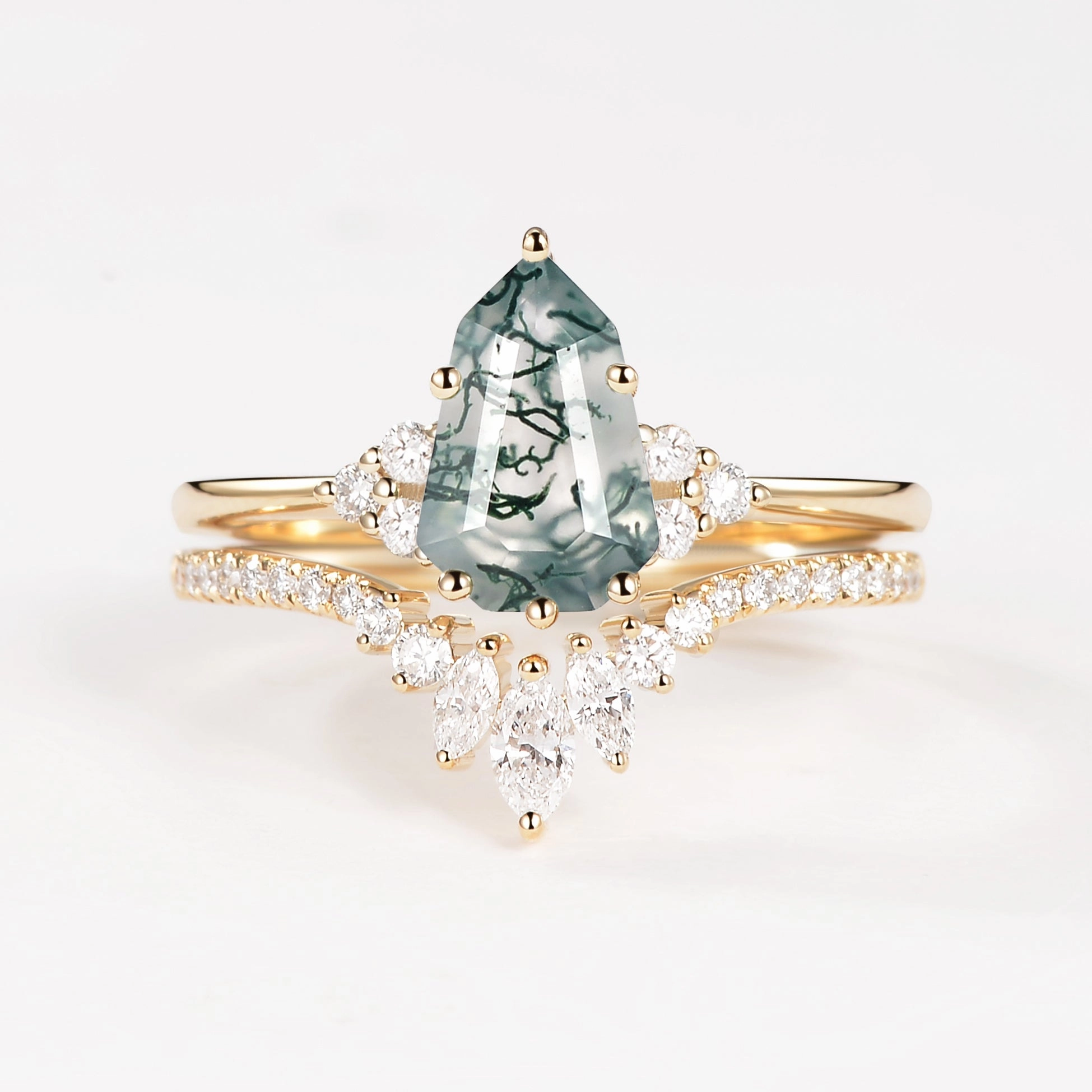 Secure Decoration Luxury Simplicity Pear-shaped Fancy Cut Moss Agate Engagement Ring Set 2pcs - Lydia