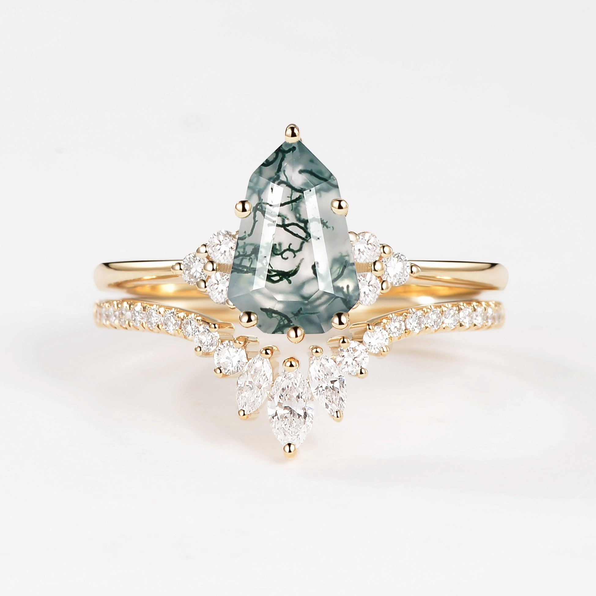 Cool Accent Pear-shaped Fancy Cut Moss Agate Engagement Ring Set 2pcs - Lydia