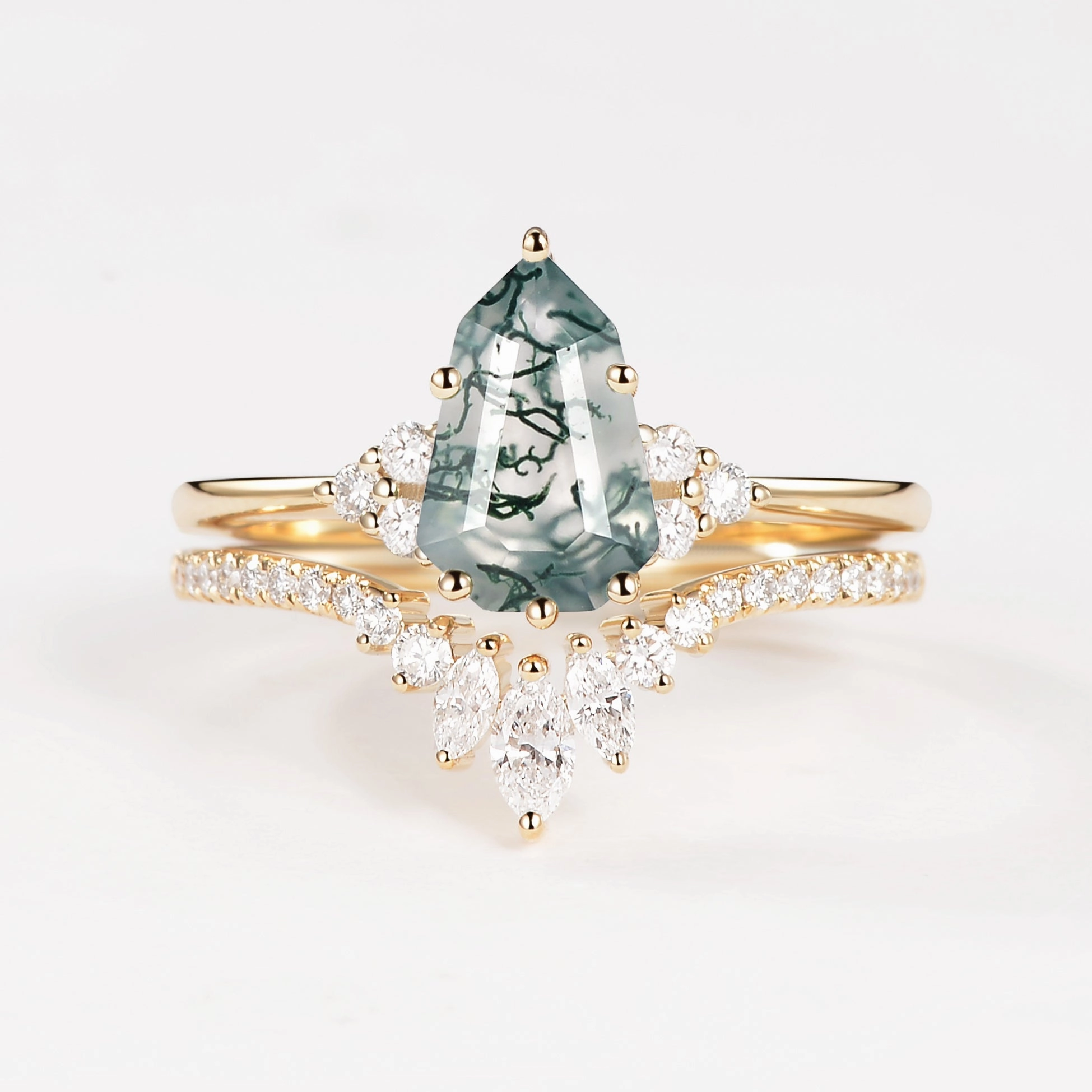 Beautiful Gift gift set Pear-shaped Fancy Cut Moss Agate Engagement Ring Set 2pcs - Lydia