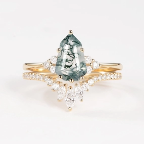 Pear-shaped Fancy Cut Moss Agate Engagement Ring Set 2pcs - Lydia Exquisite Shine Sophisticated Gem