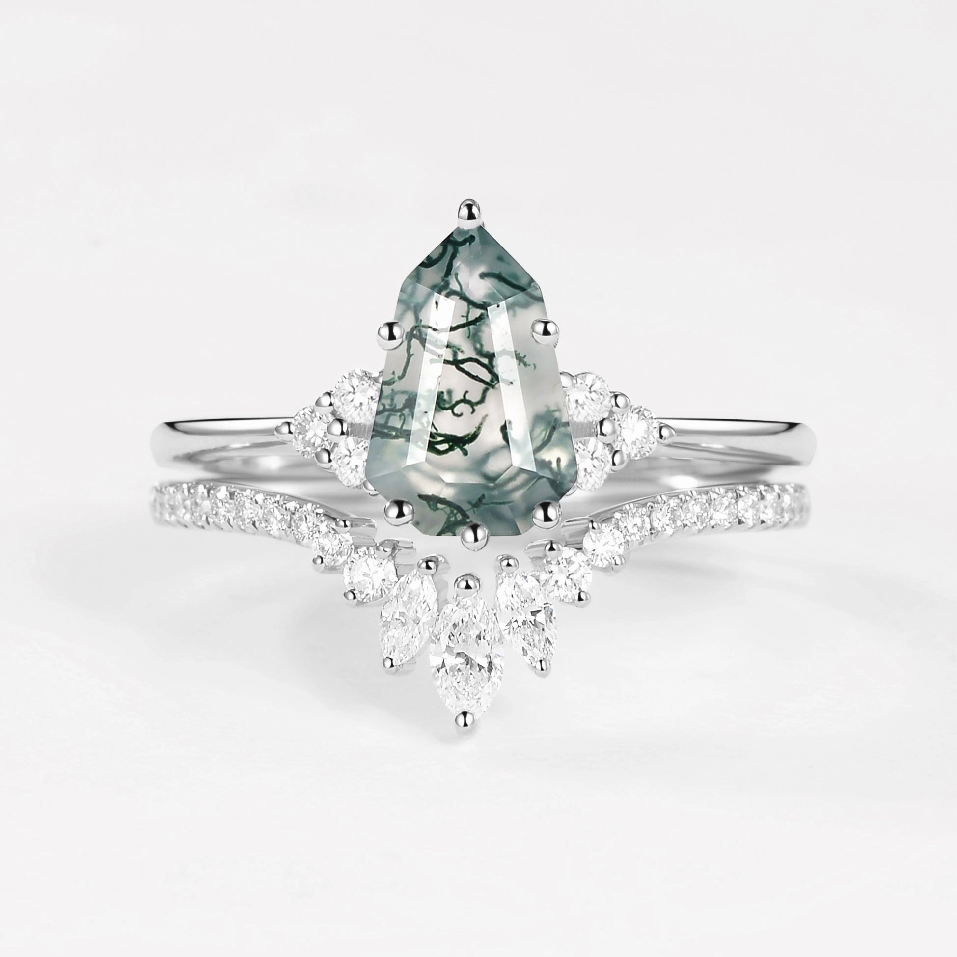 Timeless Gift Refined Detailing Pear-shaped Fancy Cut Moss Agate Engagement Ring Set 2pcs - Lydia