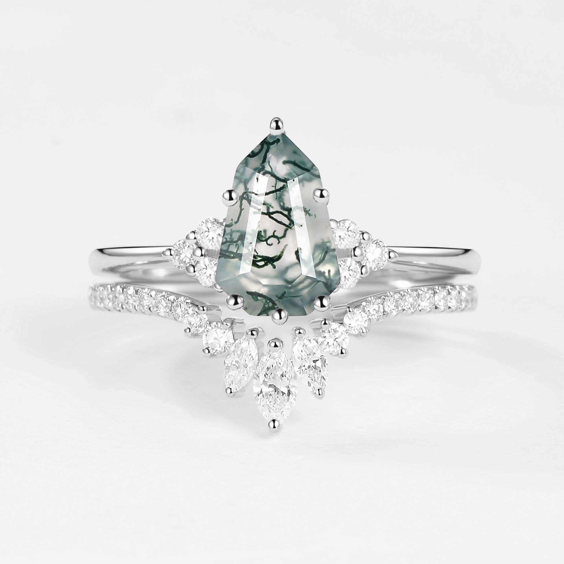 Pear-shaped Fancy Cut Moss Agate Engagement Ring Set 2pcs - Lydia Timeless Look