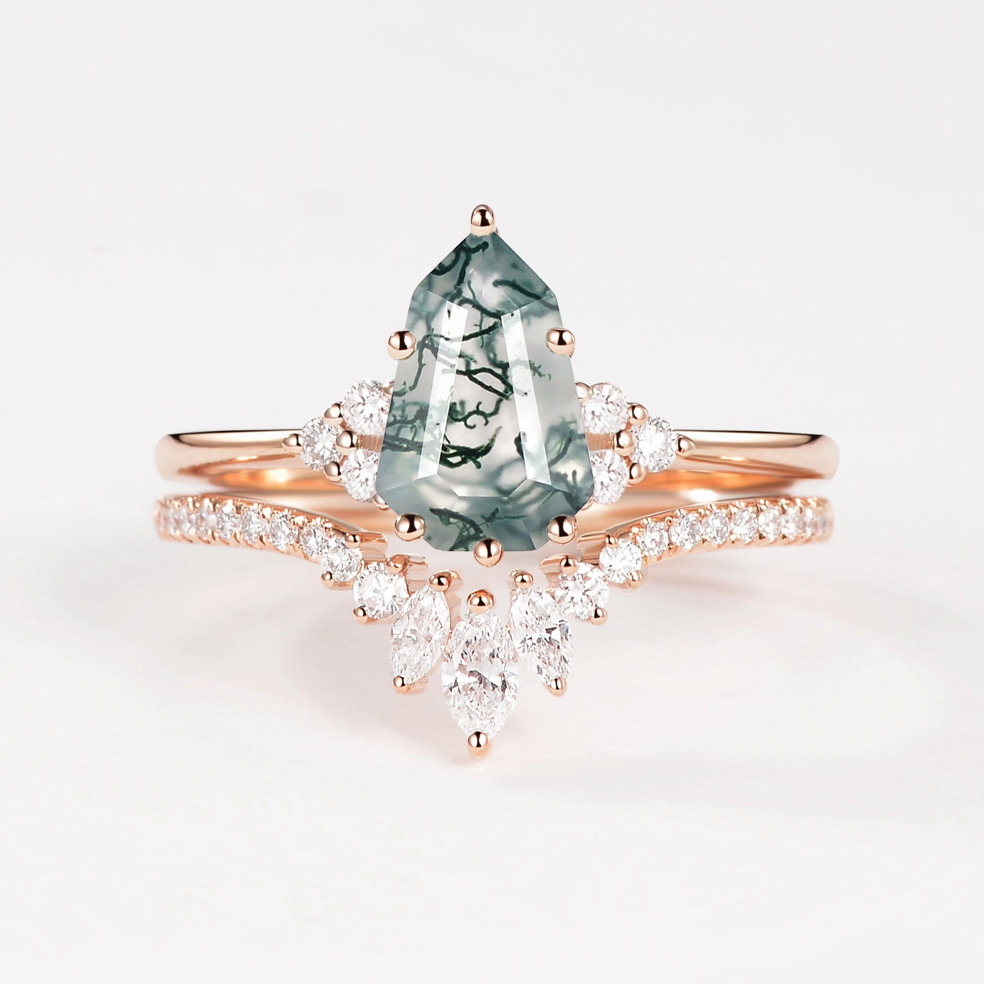 Pear-shaped Fancy Cut Moss Agate Engagement Ring Set 2pcs - Lydia Luxury Article Stylish Expression