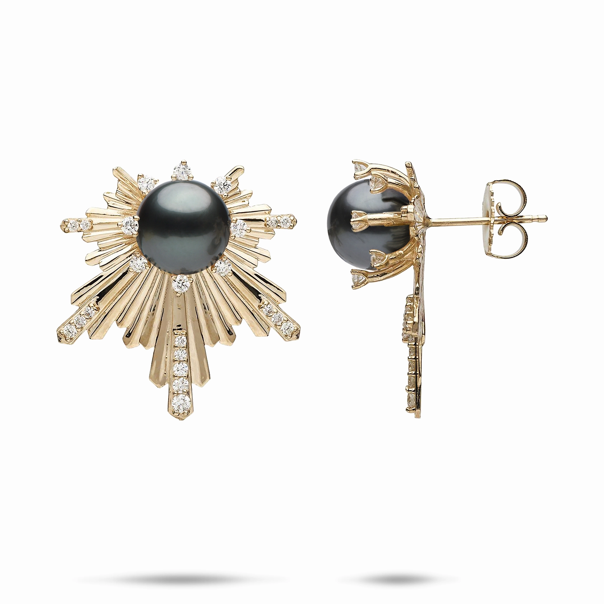 E Ho???la Tahitian Black Pearl Earrings in Gold with Diamonds - 23mm Vibrant color