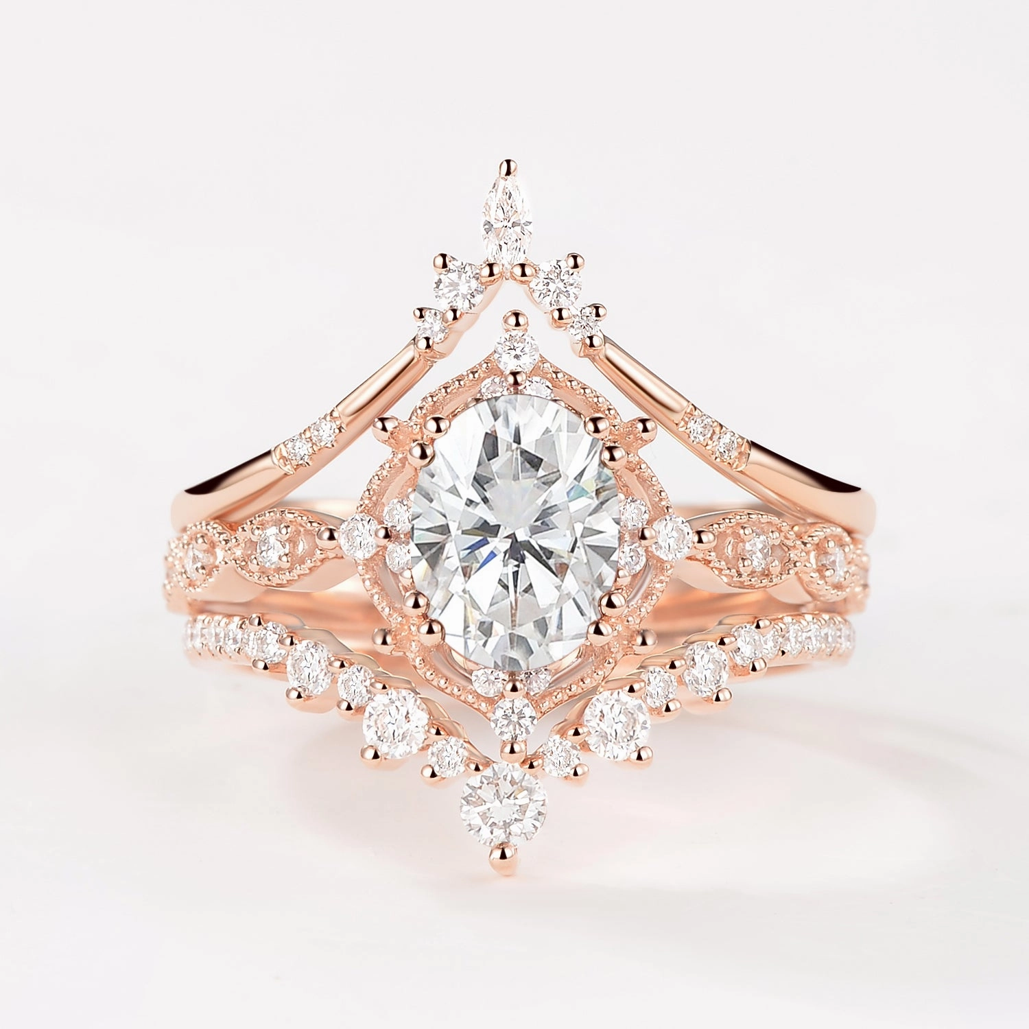 Textile Shine Oval Moissanite Signature Vintage Ring Set 3pcs - Charlotte