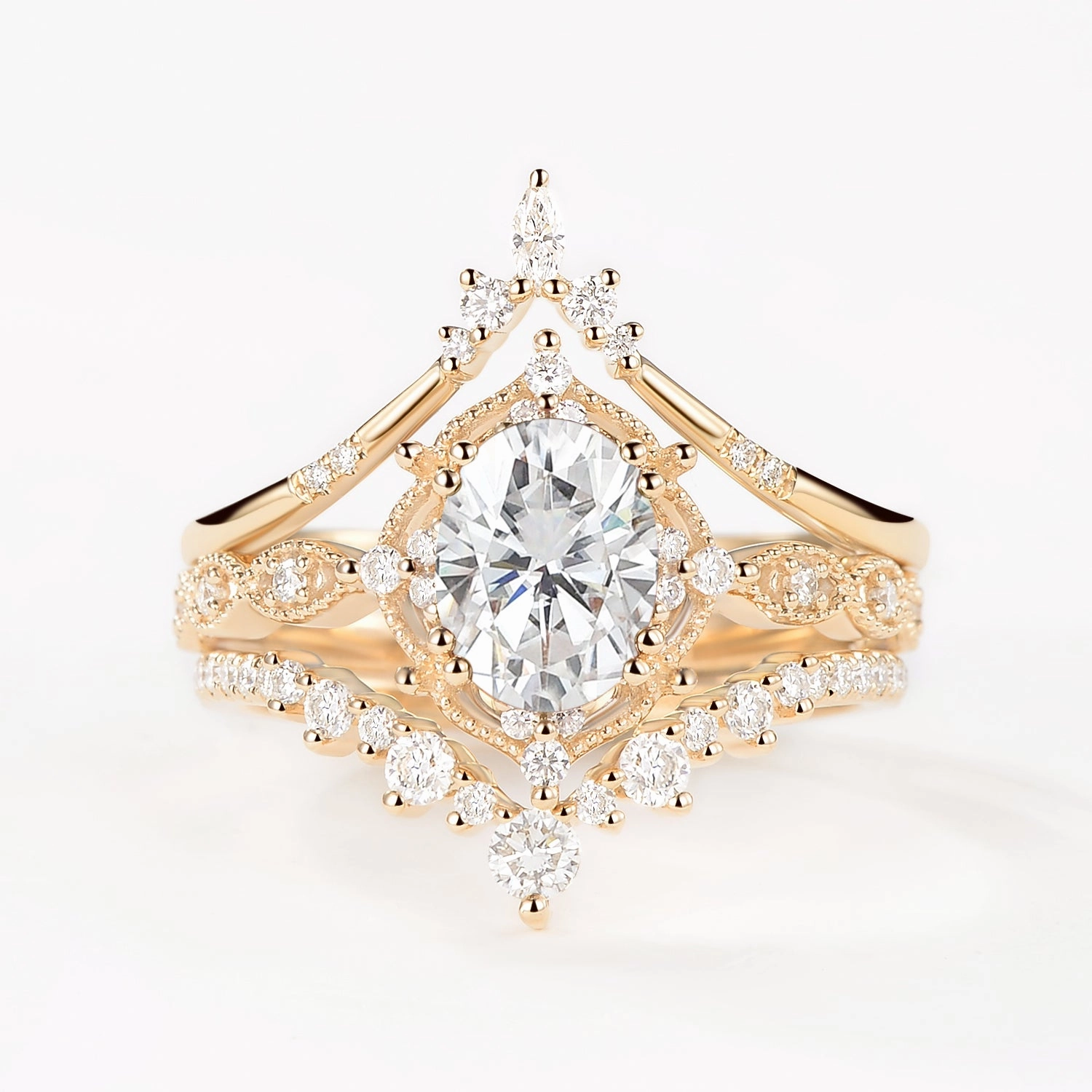 Silhouette Focus classic accessory Oval Moissanite Signature Vintage Ring Set 3pcs - Charlotte