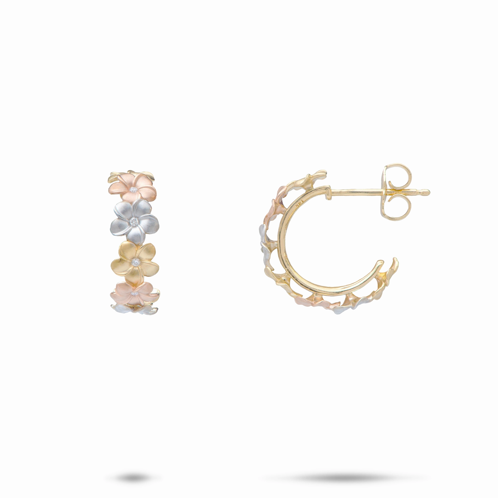 Unique Gem Feminine Light Plumeria Hoop Earrings in Tri Color Gold with Diamonds