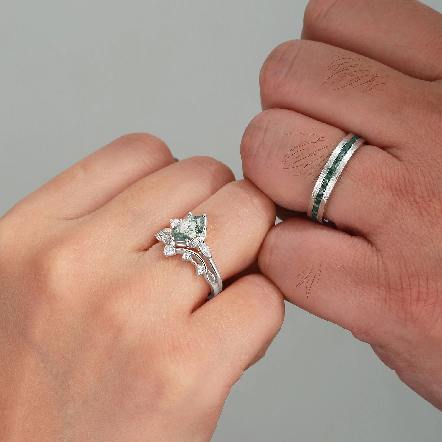Vibrant Feel Timeless Mood White Gold Long Hexagon Moss Agate Leafy Couple Ring Set 3pcs - Ona