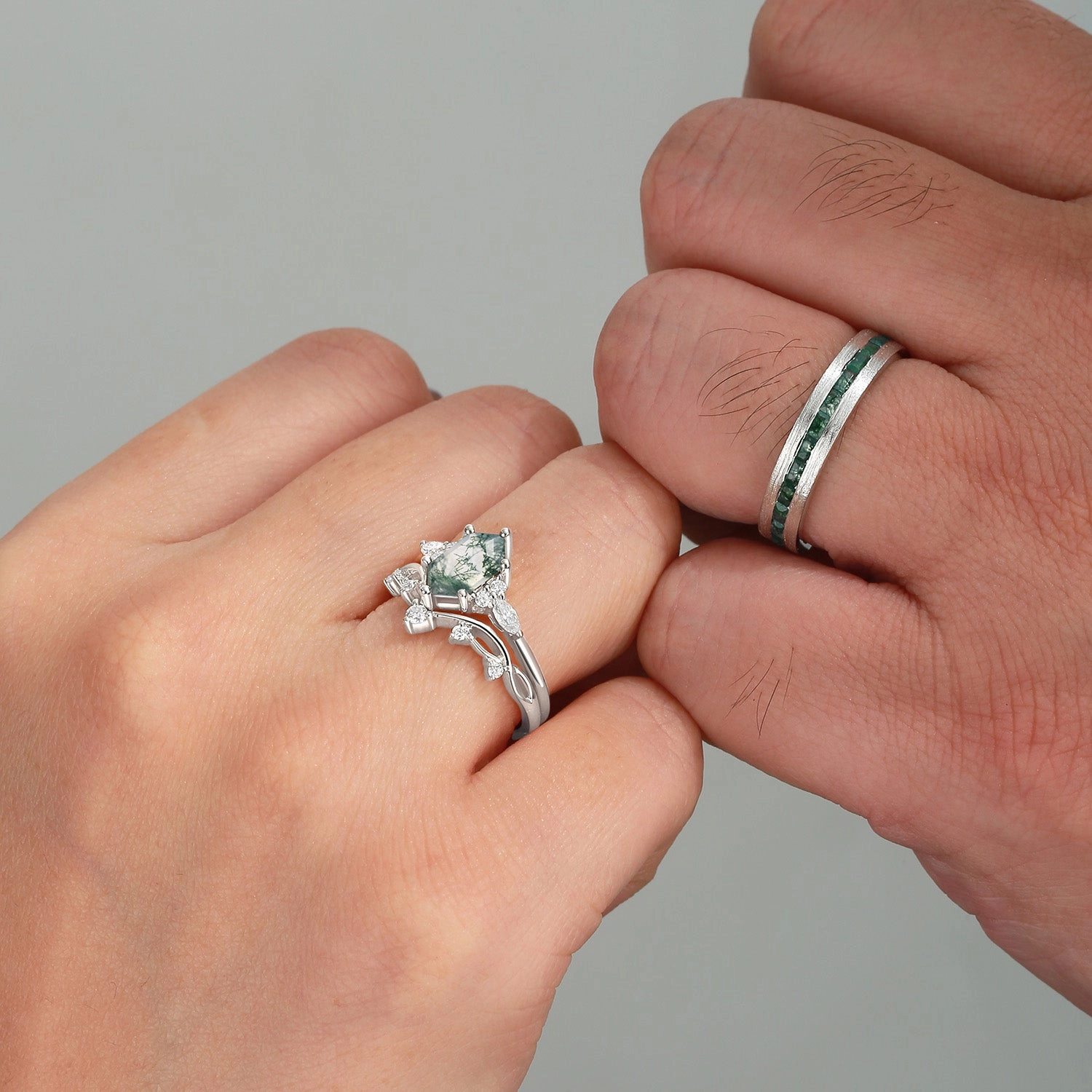 White Gold Long Hexagon Moss Agate Leafy Couple Ring Set 3pcs - Ona Minimal Outfit Beautiful Adornment