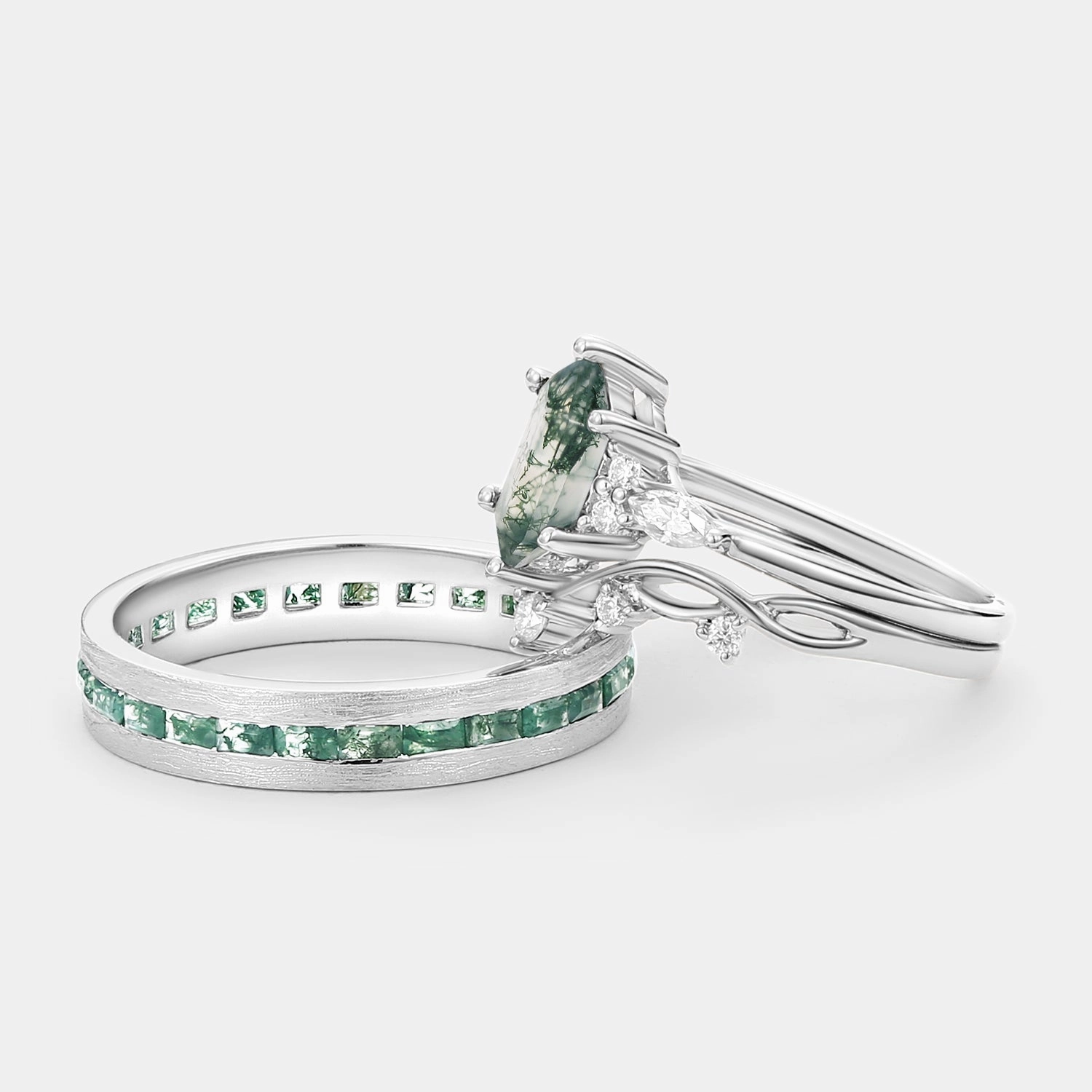 Autumn Accent White Gold Long Hexagon Moss Agate Leafy Couple Ring Set 3pcs - Ona