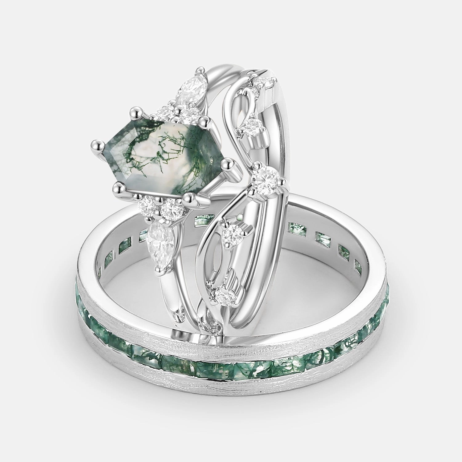 White Gold Long Hexagon Moss Agate Leafy Couple Ring Set 3pcs - Ona Refined Edge