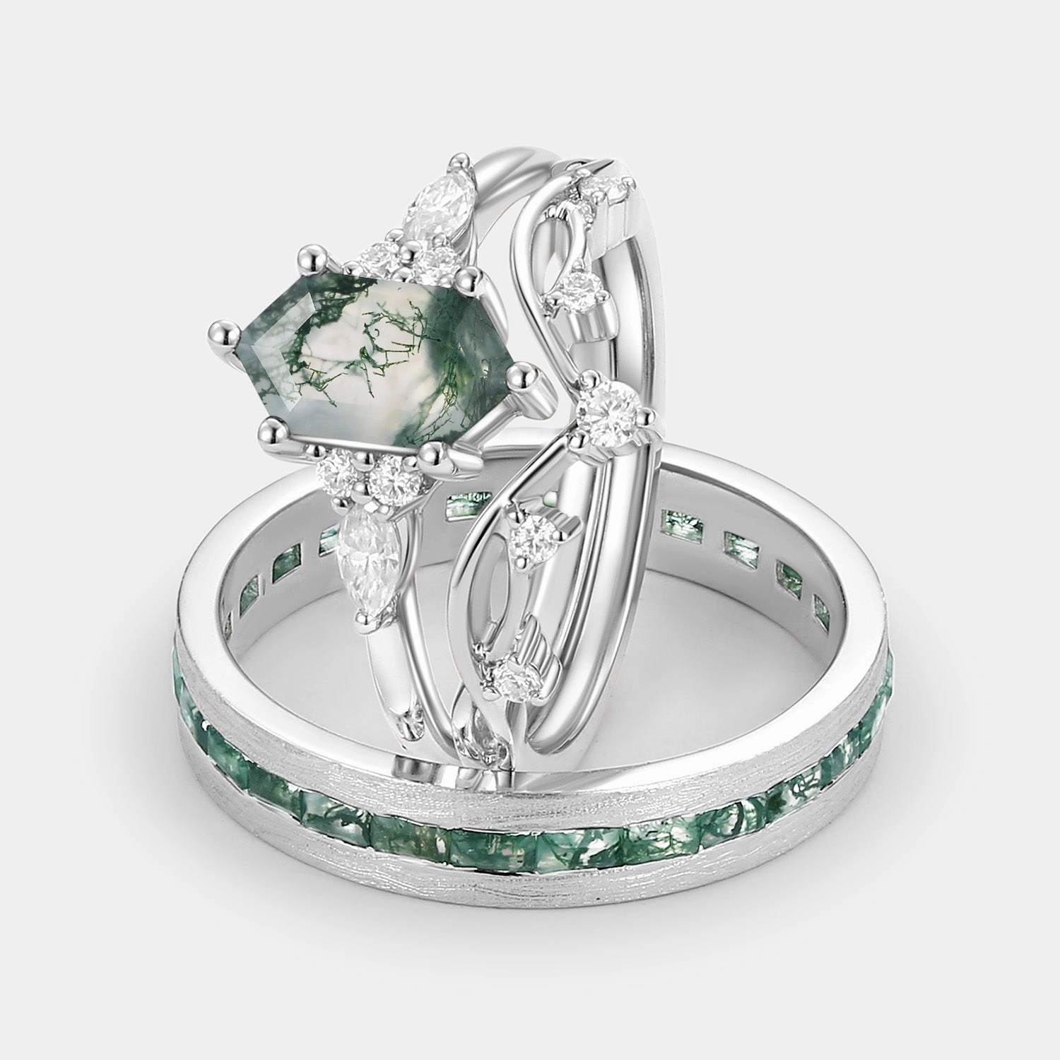 White Gold Long Hexagon Moss Agate Leafy Couple Ring Set 3pcs - Ona Statement Feature Sophisticated Shine Pieces