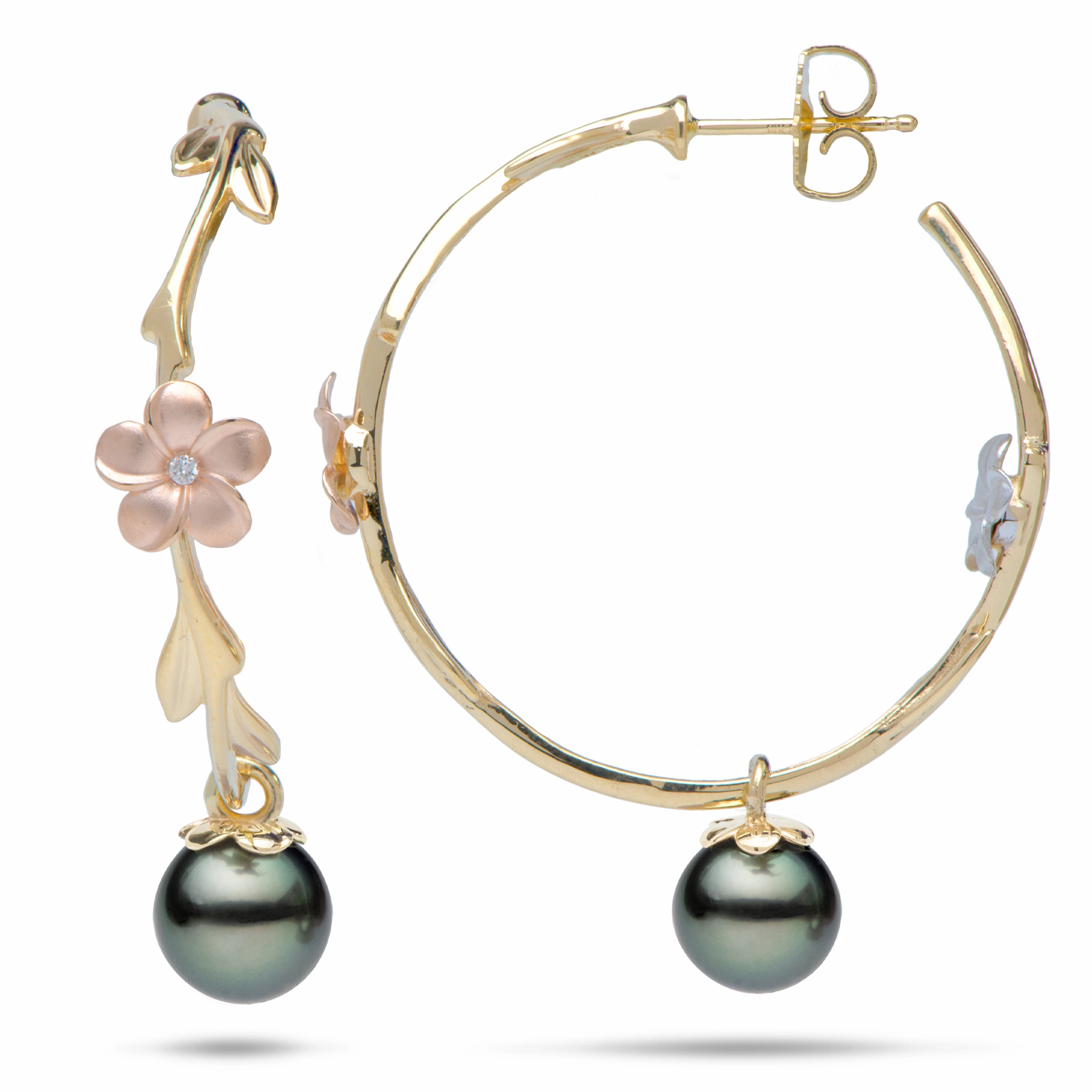 Pearls in Bloom Plumeria Tahitian Black Pearl Earrings in Tri Color Gold with Diamonds - 33mm Simple Form