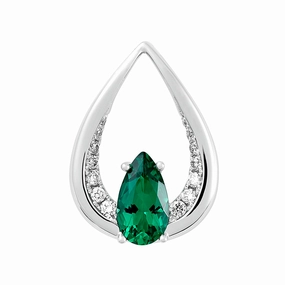 Charming Gems 14K white gold pendant featuring a 10x5.5mm pear Chatham lab grown emerald and Chatham lab grown diamond accents.