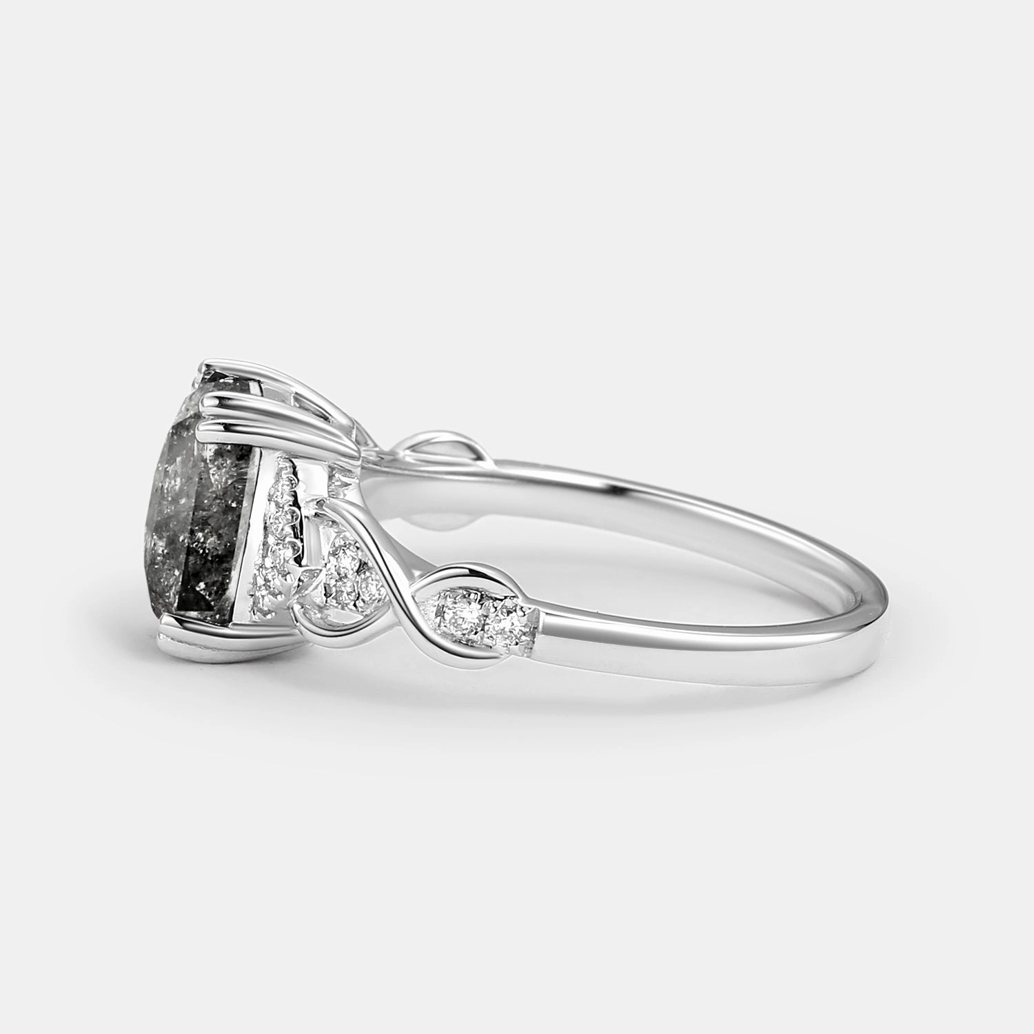 Vibrant Look Emerald Cut Salt and Pepper Diamonds Infinity Gold Engagement Ring