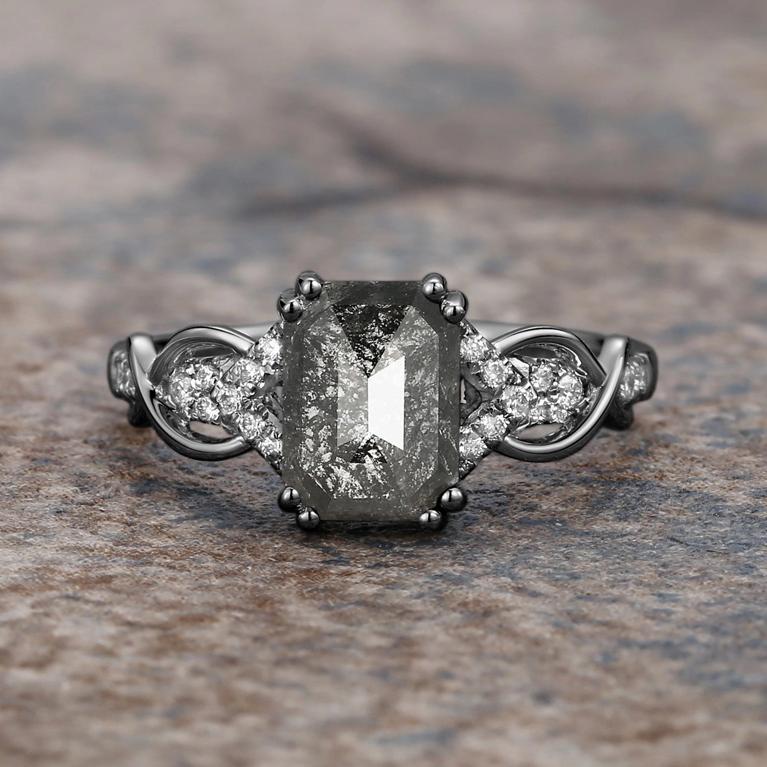 Emerald Cut Salt and Pepper Diamonds Infinity Gold Engagement Ring Impeccable Accent Refined Line