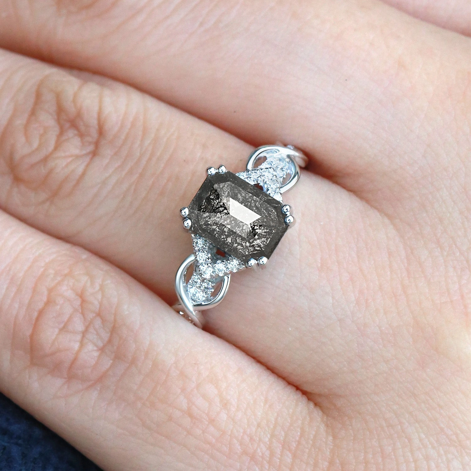 Emerald Cut Salt and Pepper Diamonds Infinity Gold Engagement Ring Luxury Vibe