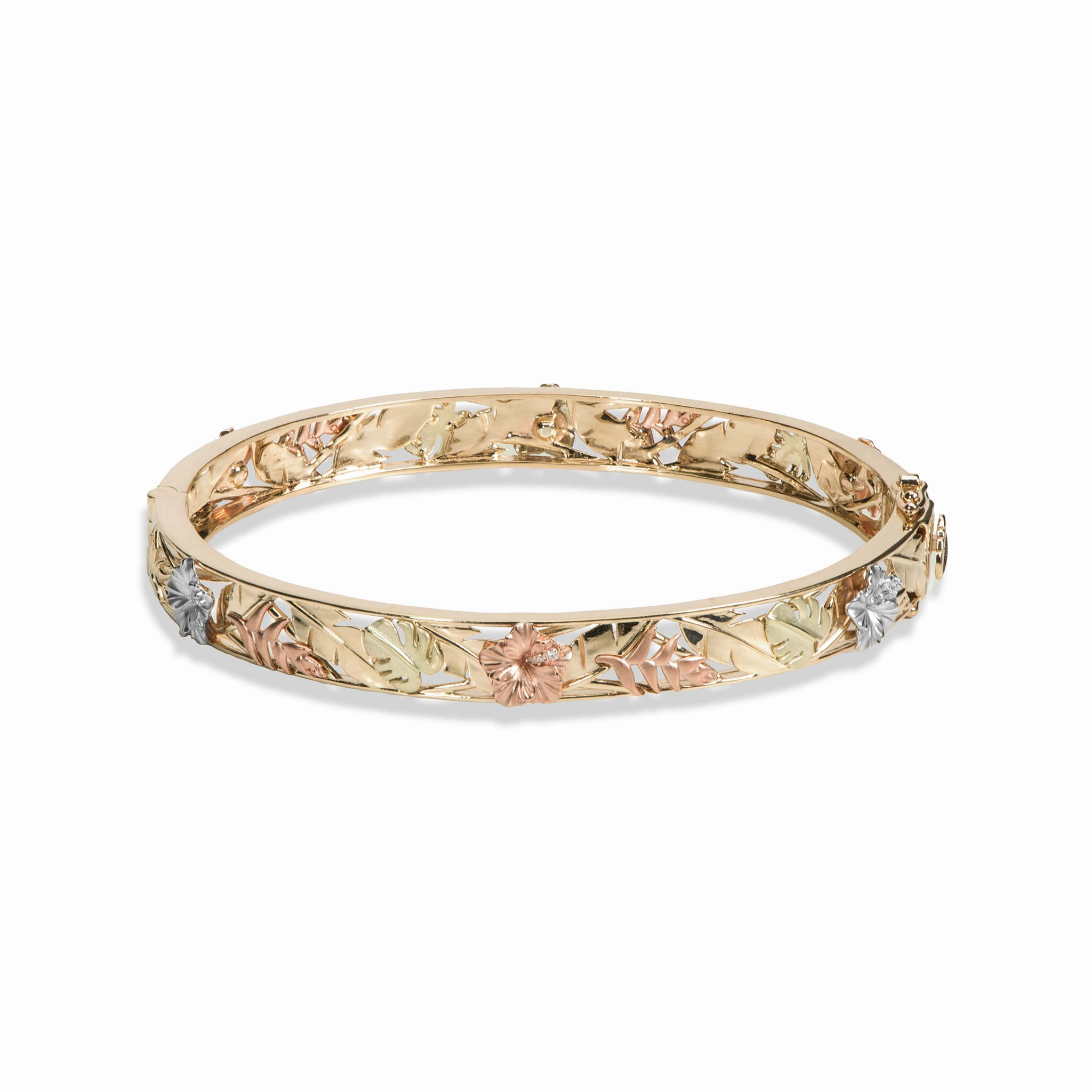 Hawaiian Gardens Hibiscus Bracelet in Four Tone Gold with Diamonds - 8mm Evergreen style