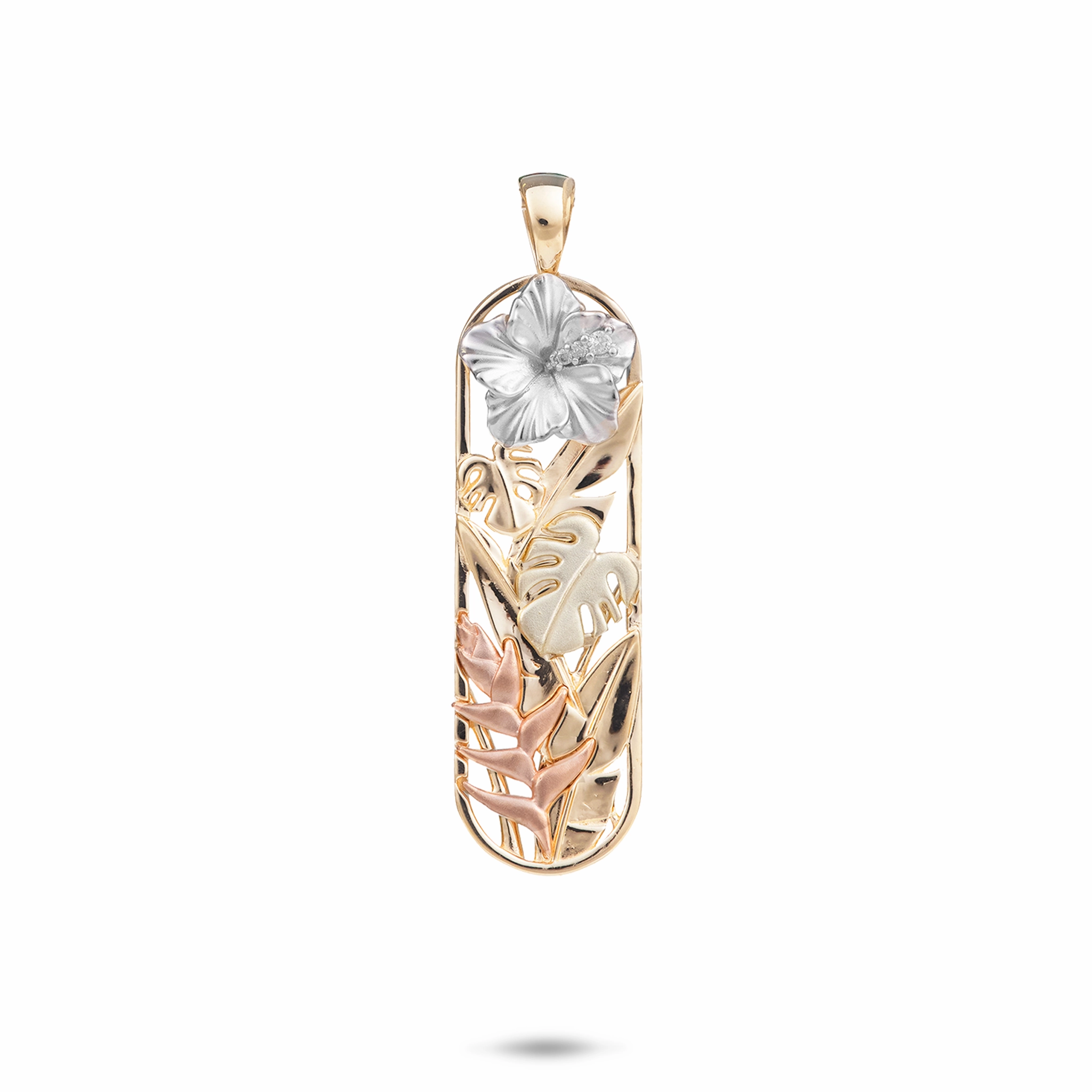 Hawaiian Gardens Hibiscus Pendant in Four Tone Gold with Diamonds - 32mm Fresh Design Layered Look