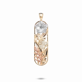 Hawaiian Gardens Hibiscus Pendant in Four Tone Gold with Diamonds - 32mm Fresh Design Layered Look