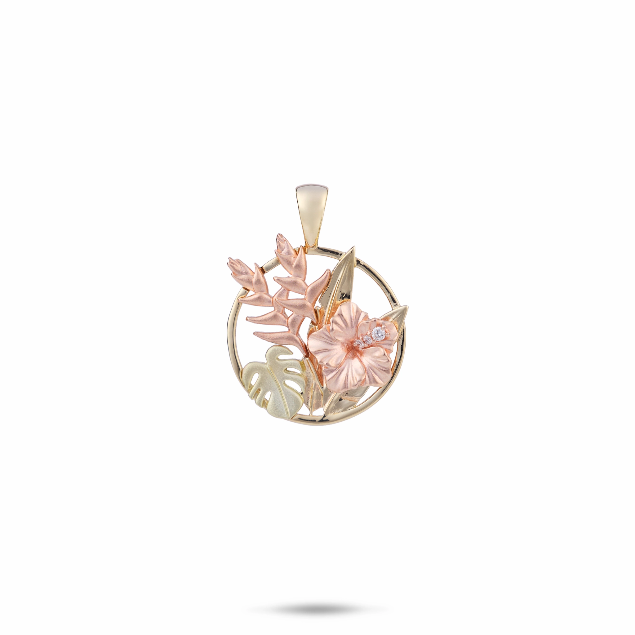 Hawaiian Gardens Hibiscus Pendant in Tri Color Gold with Diamonds - 15mm Candid Moment party accessory