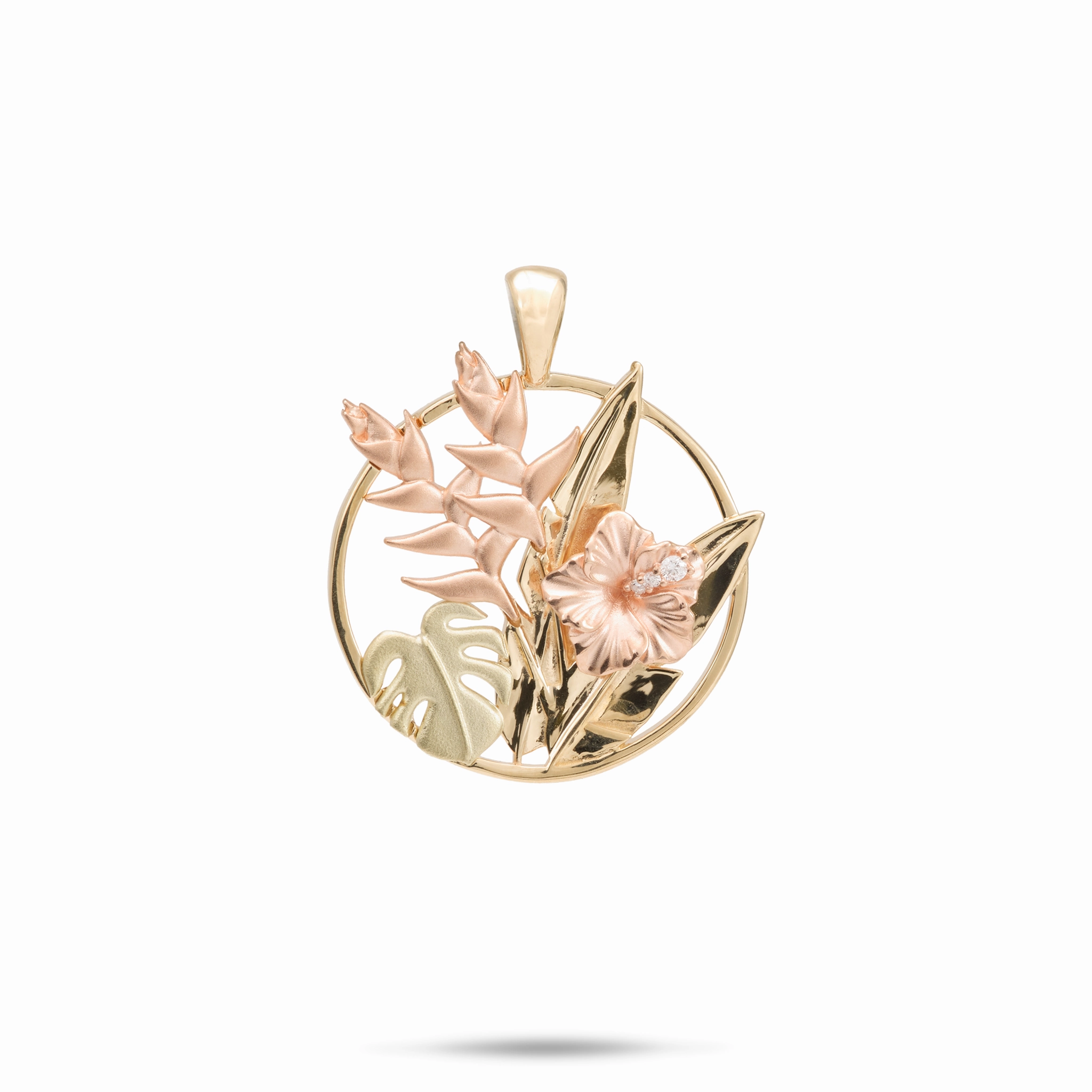Subtle Sparkle Hawaiian Gardens Hibiscus Pendant in Tri Color Gold with Diamonds - 20mm