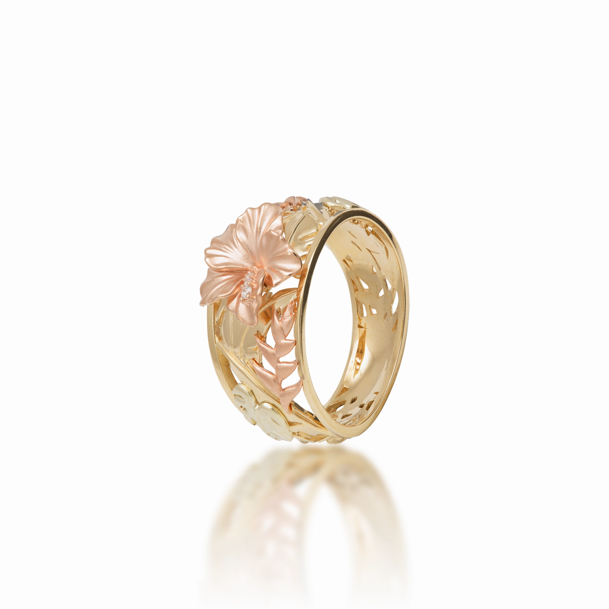 Hawaiian Gardens Hibiscus Ring in Tri Color Gold with Diamonds - 12mm Chic Glam Textured Detail