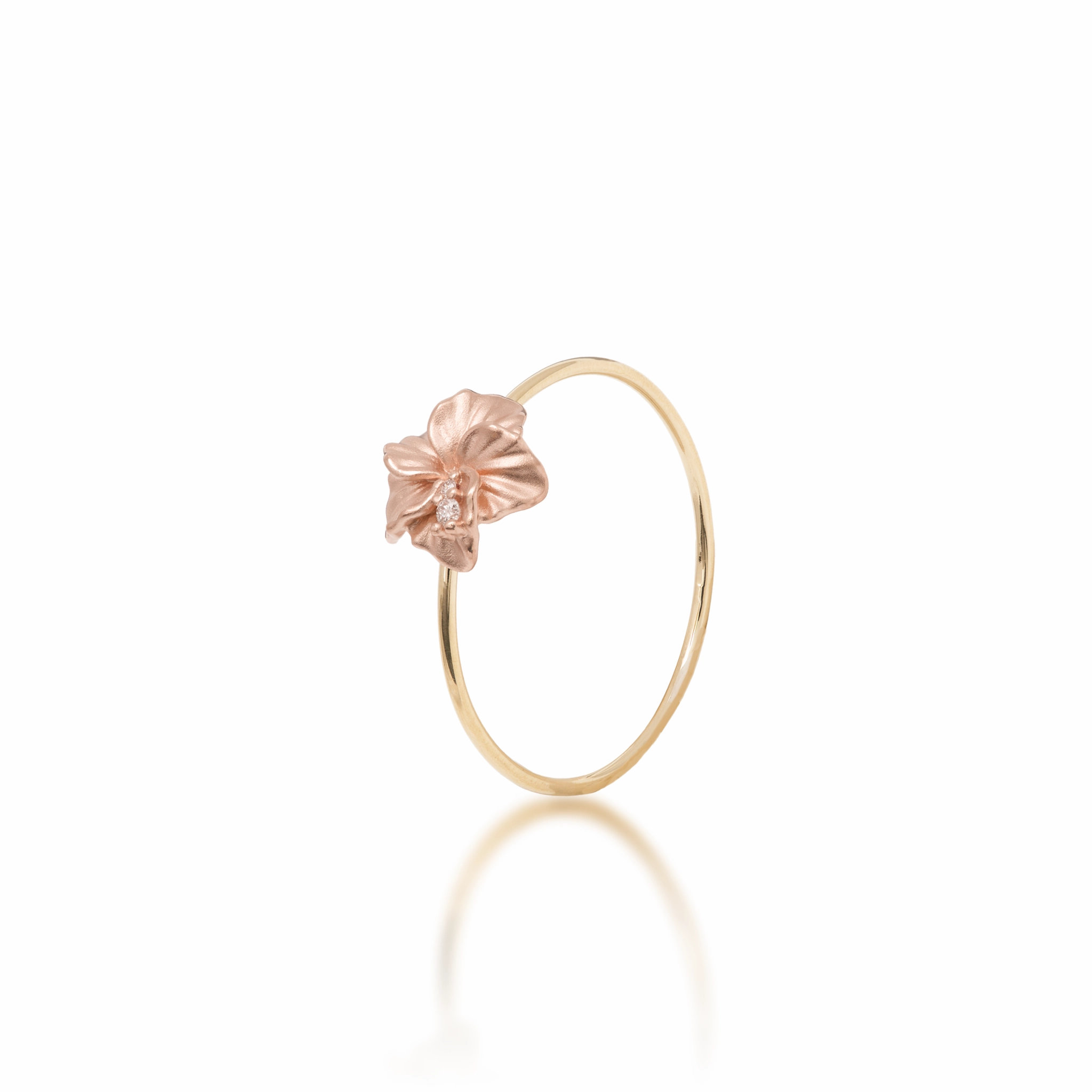 Hawaiian Gardens Hibiscus Ring in Two Tone Gold with Diamonds - 8mm Classic Sparkle Feminine Edge