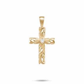 Hawaiian Heirloom Old English Scroll Cross Pendant in Gold with Diamond - 23mm Seasonal Edge
