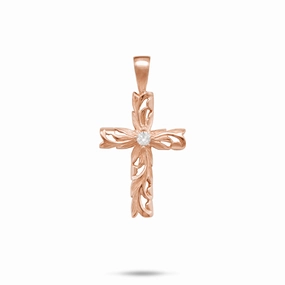 Vibrant Glam Hawaiian Heirloom Old English Scroll Cross Pendant in Rose Gold with Diamond - 23mm