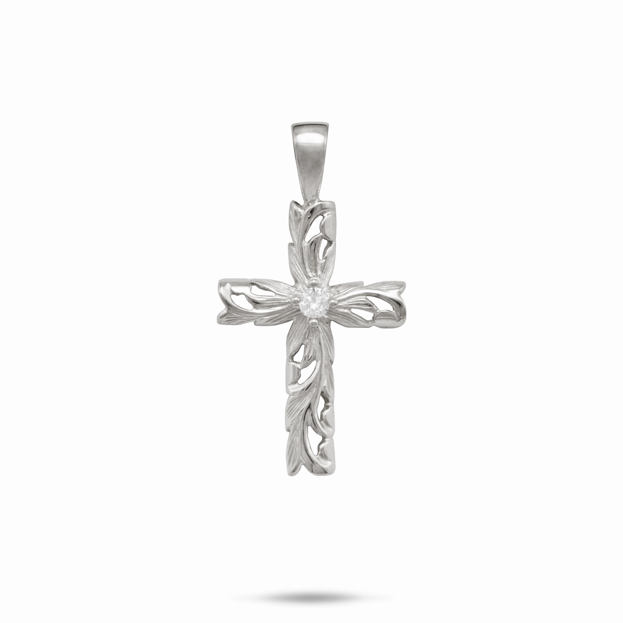 Natural Touch Hawaiian Heirloom Old English Scroll Cross Pendant in White Gold with Diamond - 23mm