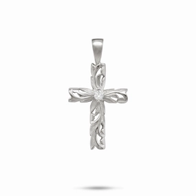 fashion charm Hawaiian Heirloom Old English Scroll Cross Pendant in White Gold with Diamond - 23mm