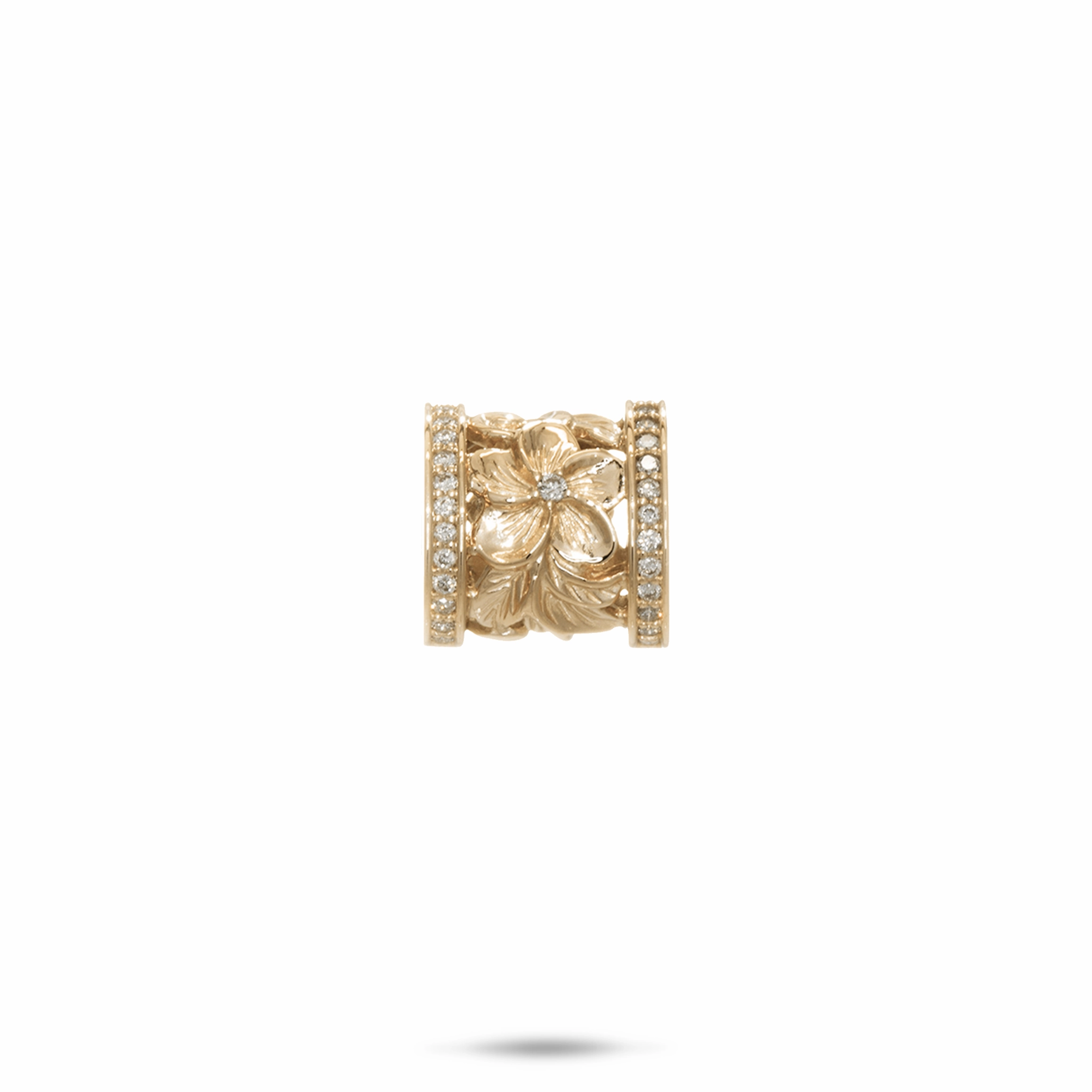 Holiday Ready Hawaiian Heirloom Plumeria Barrel Pendant in Gold with Diamonds - 12mm
