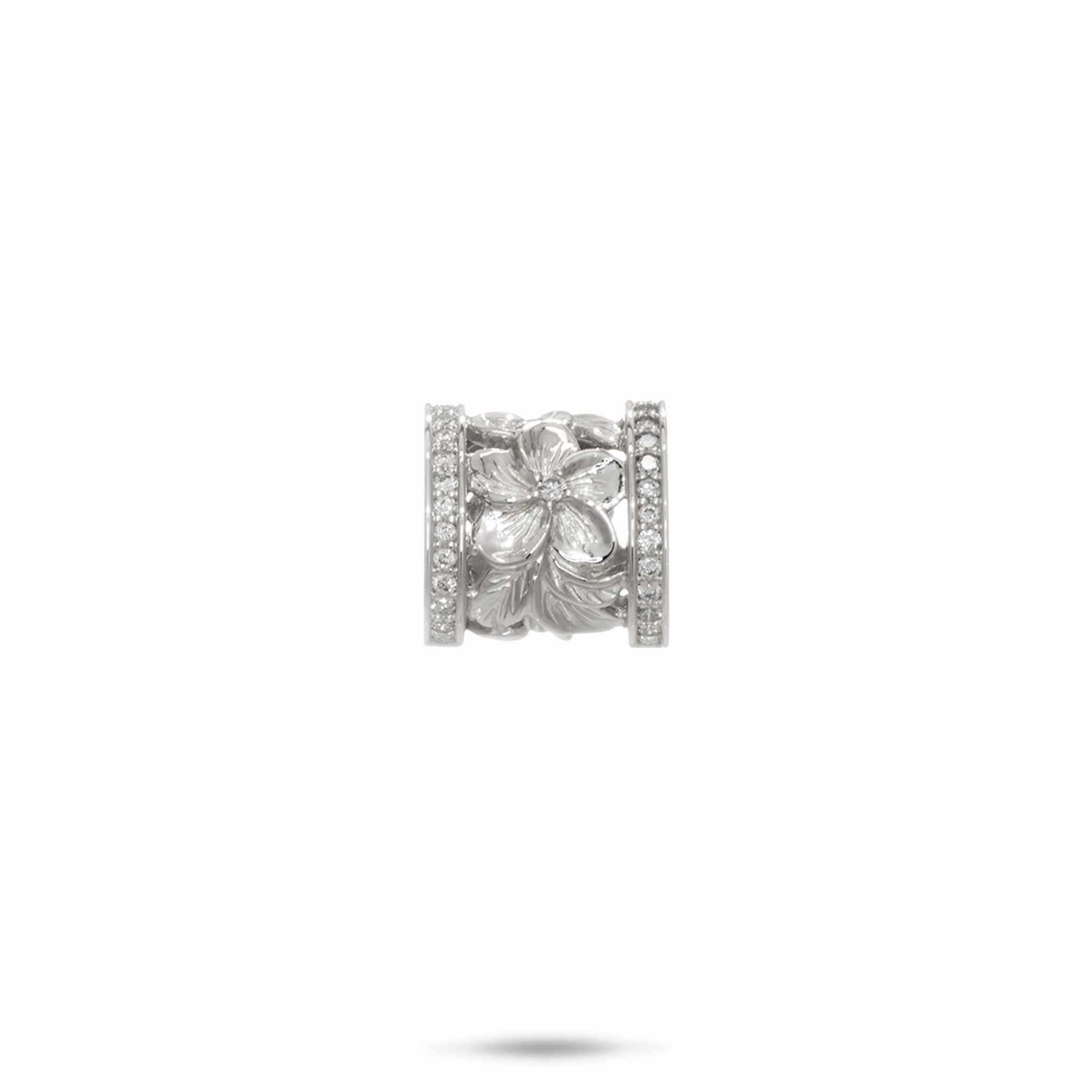 Hawaiian Heirloom Plumeria Barrel Pendant in White Gold with Diamonds - 12mm Graceful Elegance Finest Accent