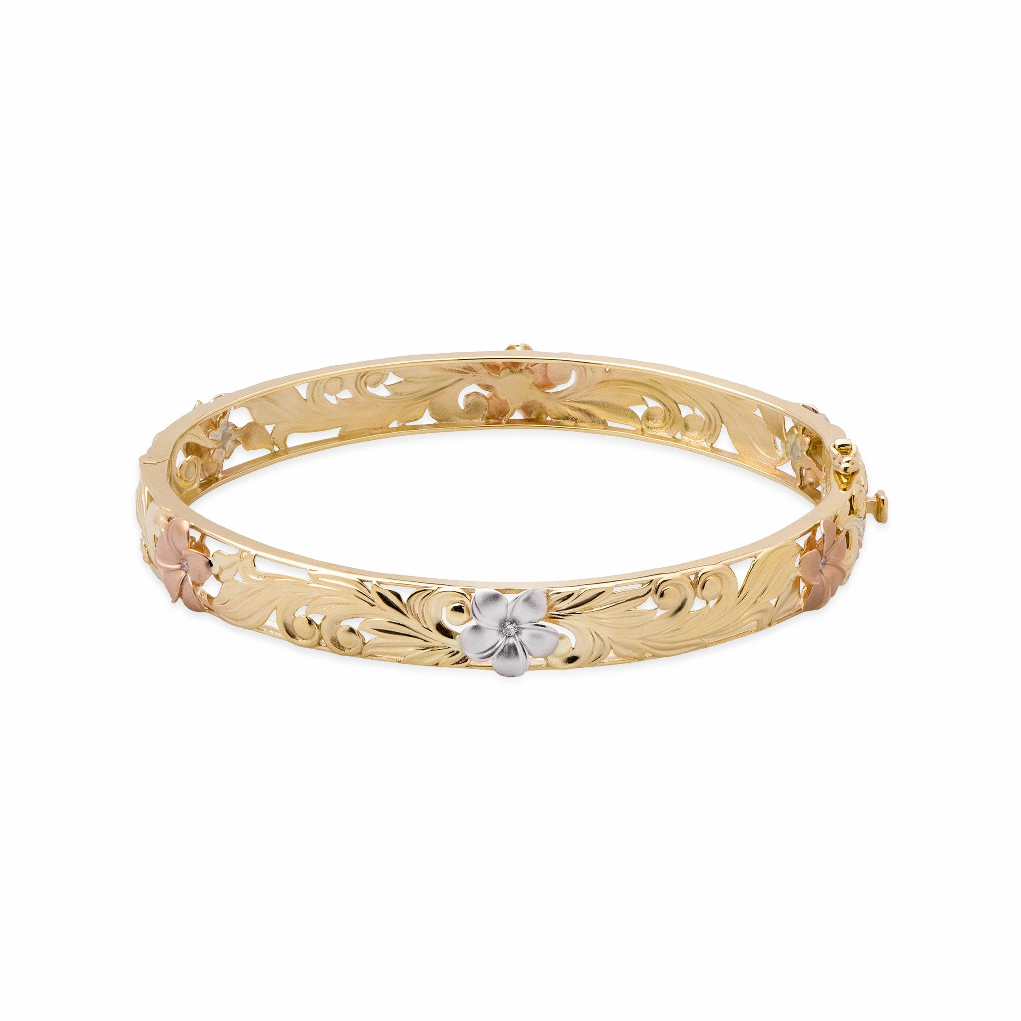 Hawaiian Heirloom Plumeria Hinge Bracelet in Tri Color Gold with Diamonds- 8mm Special Accent Rich Shine