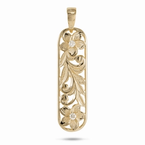 Dainty Finish Brunch Look Hawaiian Heirloom Plumeria Pendant in Gold with Diamonds - 38mm