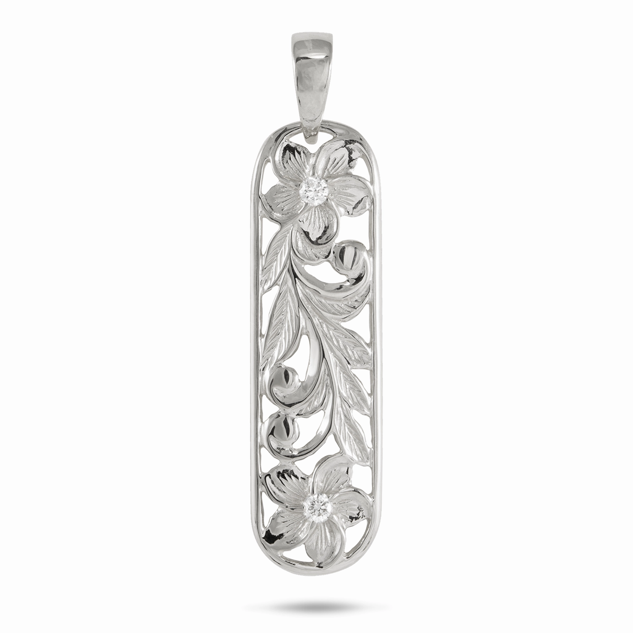 Hawaiian Heirloom Plumeria Pendant in White Gold with Diamonds - 38mm Shine Piece Vibrant Finish