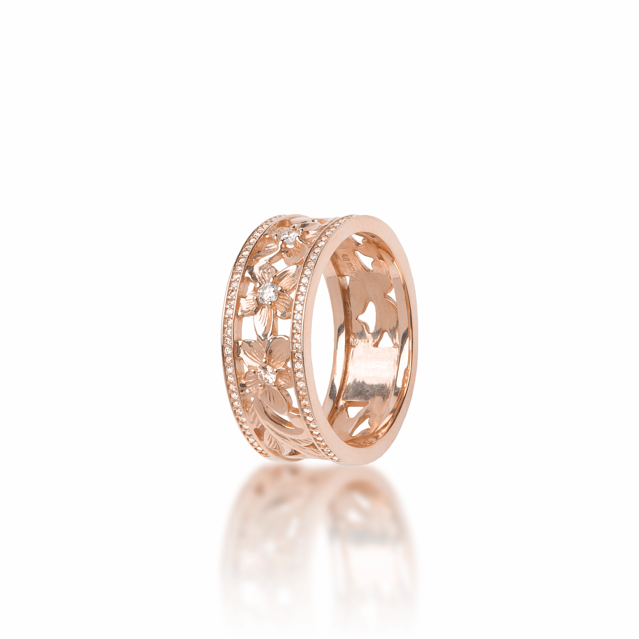 Hawaiian Heirloom Plumeria Ring in Rose Gold with Diamonds - 8mm Sleek Glamour Styled Accent
