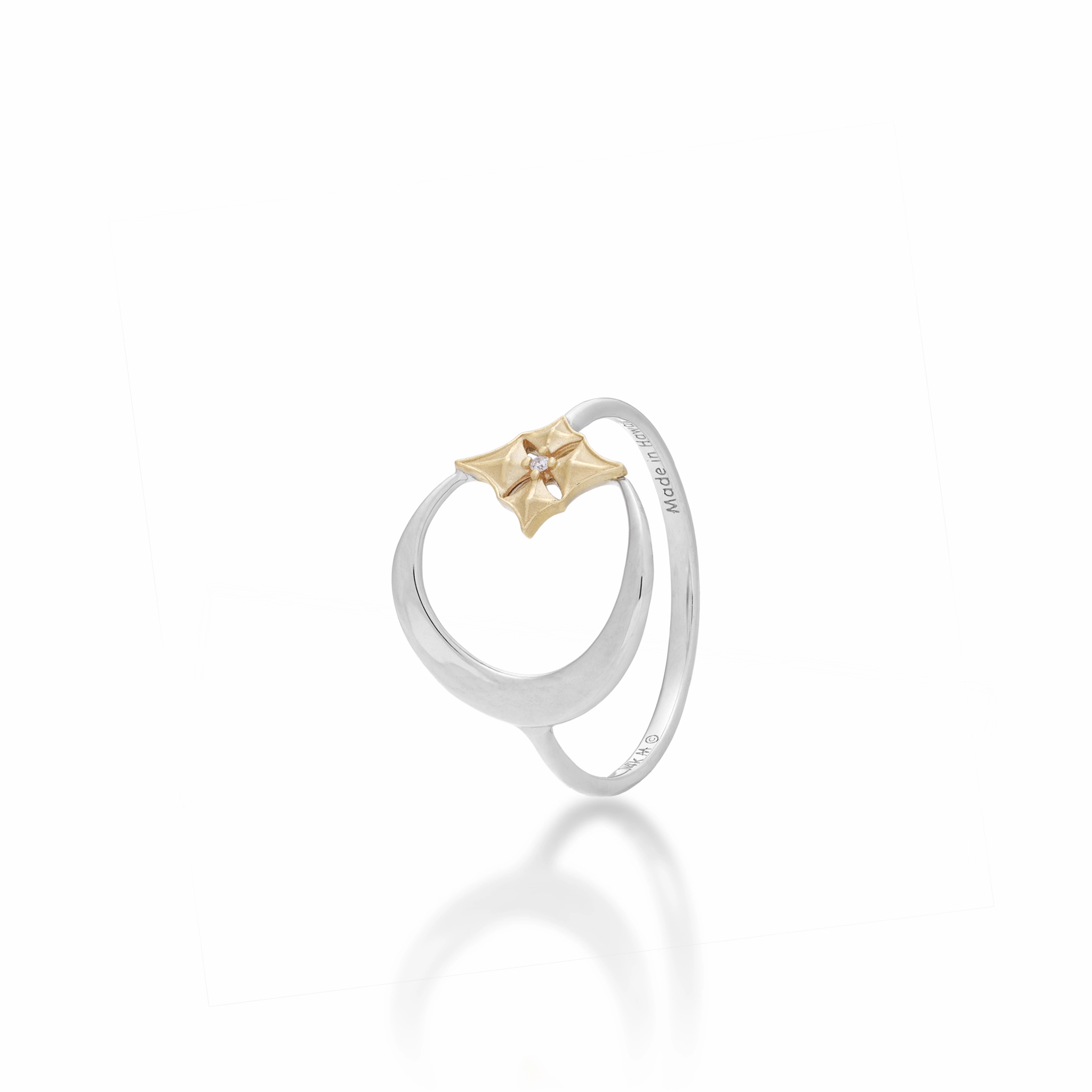 Hawaiian Quilted Star and Moon Ring in Two Tone Gold with Diamond - 13mm Classic Edge