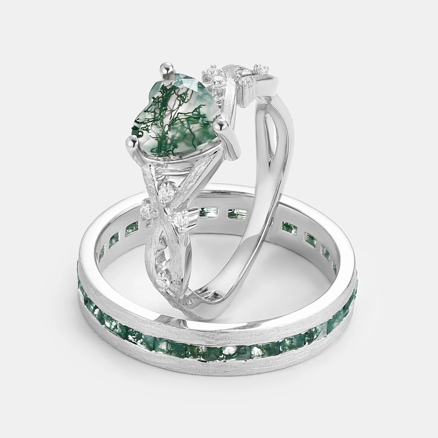 Heart Shape Moss Agate Infinity Couple Ring Set 2pcs Romantic Moment