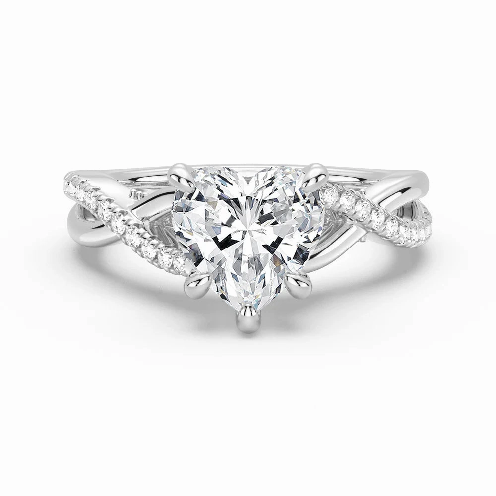 Glittering Sparkle Heart Shaped Moissanite Twisted Band Engagement Ring with Hidden Accents