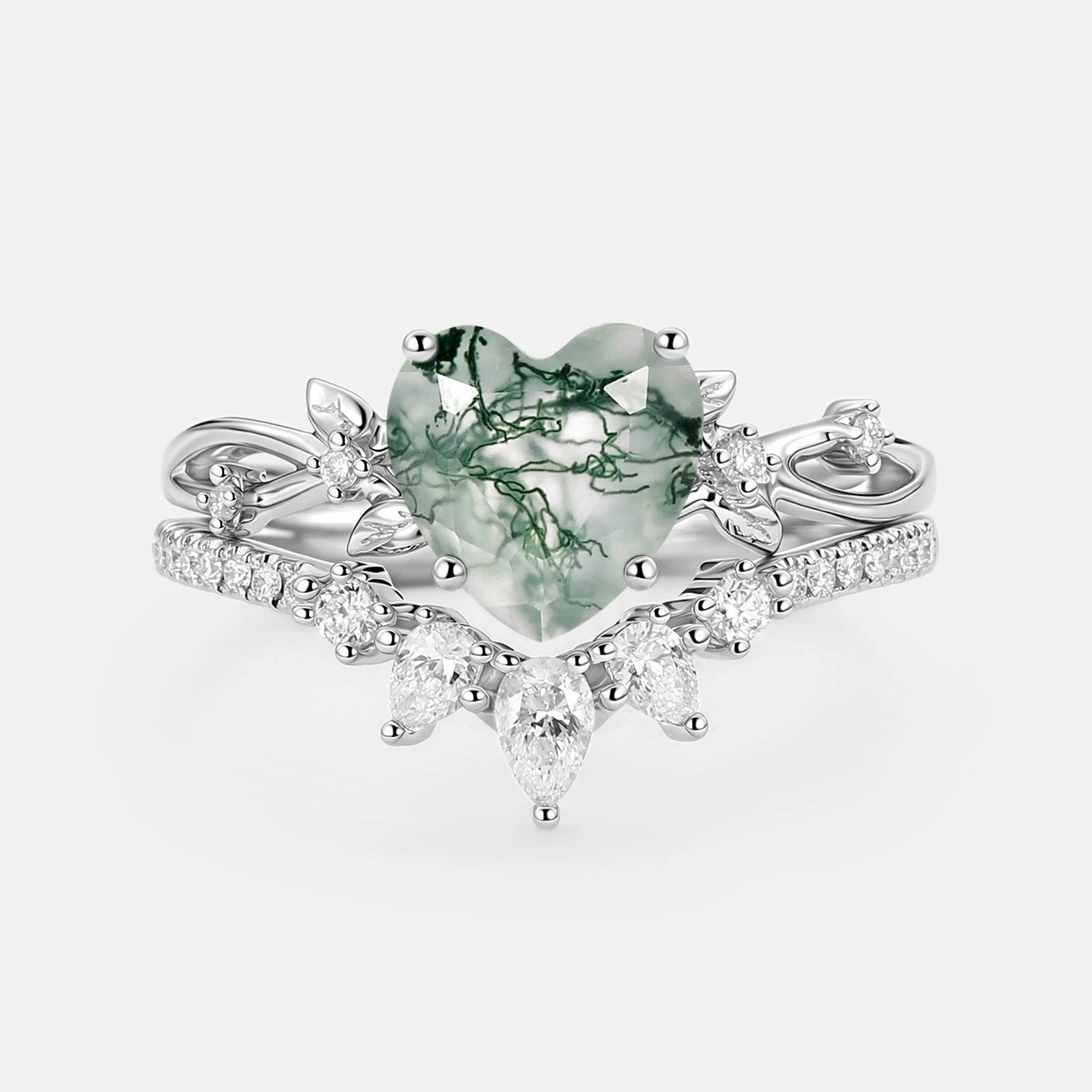 Shiny Item Heart Shaped Moss Agate Leafy Ring Set 2pcs - Wrenley