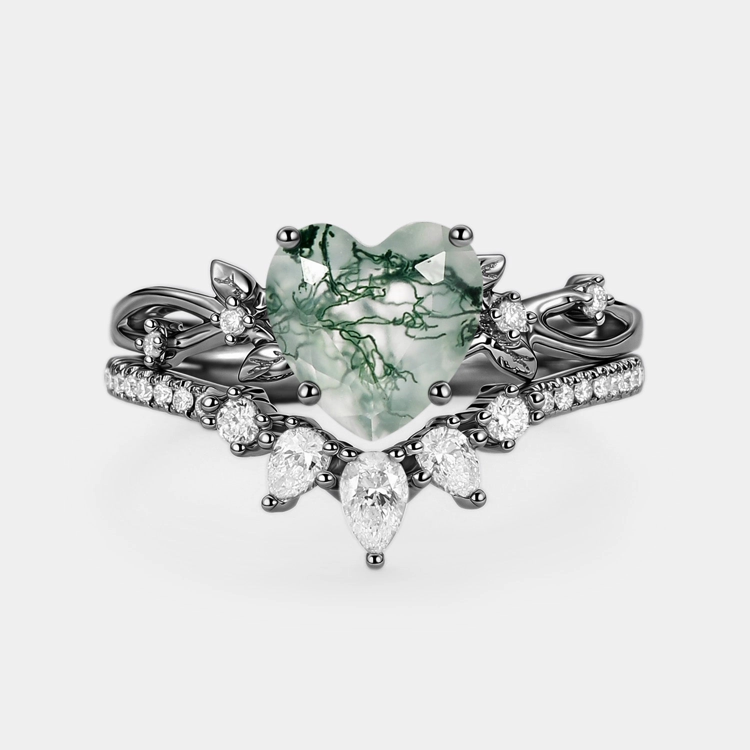 Sleek Look Sentimental Symbol Heart Shaped Moss Agate Leafy Ring Set 2pcs - Wrenley