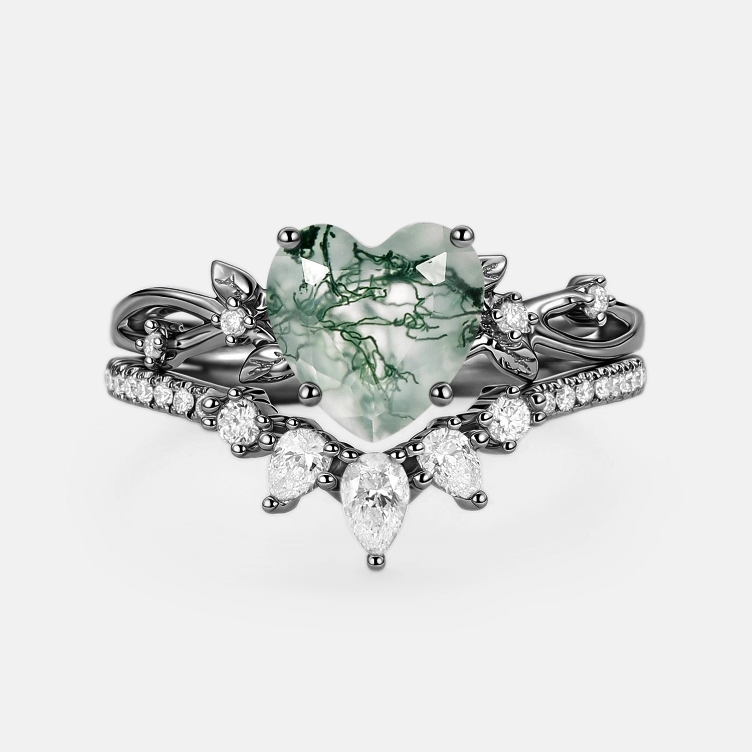 Heart Shaped Moss Agate Leafy Ring Set 2pcs - Wrenley High Maintenance