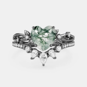Heart Shaped Moss Agate Leafy Ring Set 2pcs - Wrenley Timeless Look Design Ethereal Form