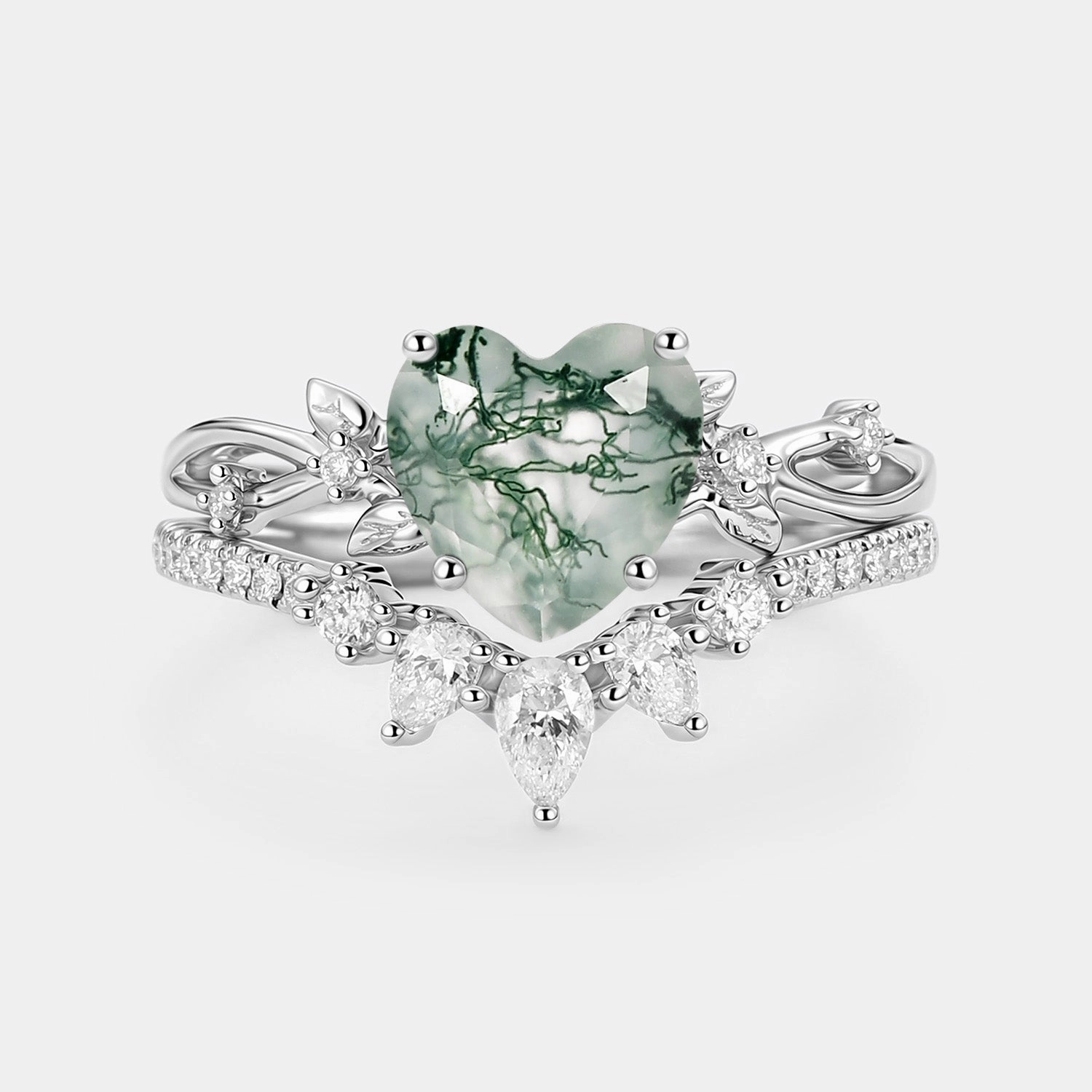 Texture Highlight Heart Shaped Moss Agate Leafy Ring Set 2pcs - Wrenley
