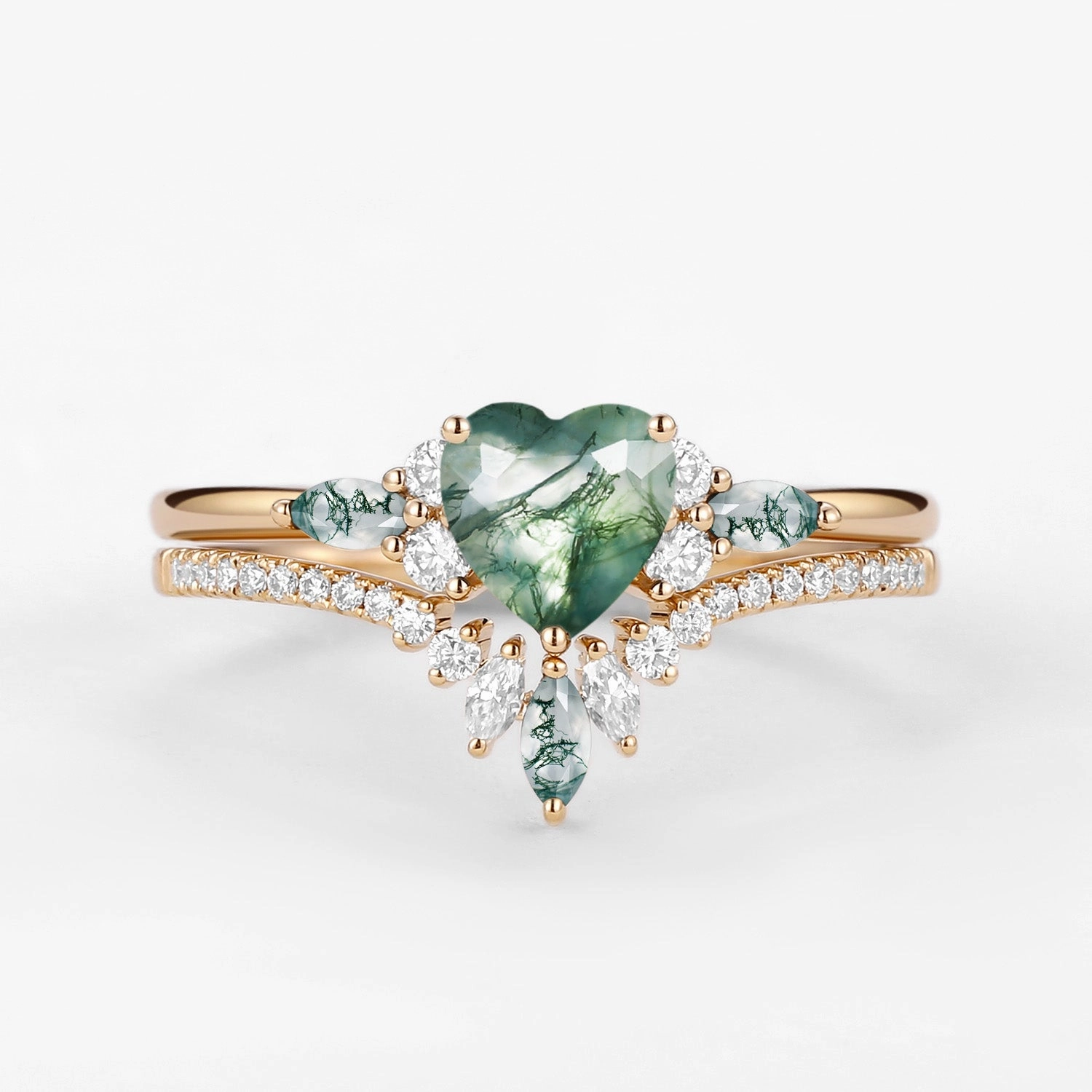 Dressy Mood Heart Shaped Natural Moss Agate Engagement Ring Set 2pcs - Rebecca