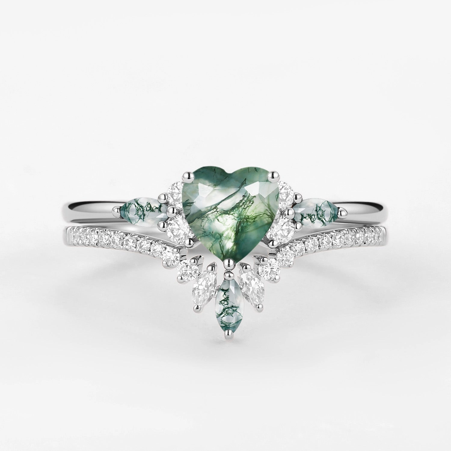Daily Balance Heart Shaped Natural Moss Agate Engagement Ring Set 2pcs - Rebecca