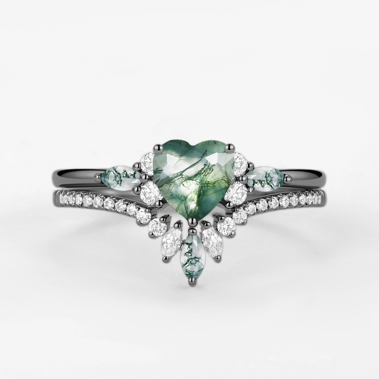Heart Shaped Natural Moss Agate Engagement Ring Set 2pcs - Rebecca Beautiful Trinket Premium Statement