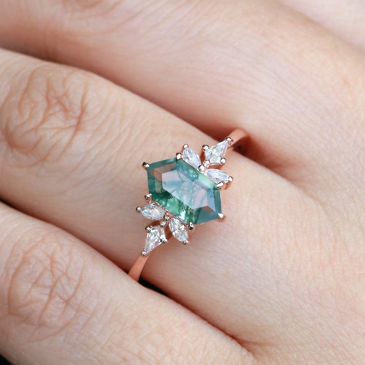 Traditional Memento Hexagon & Kite Moss Agate Cluster Engagement Ring